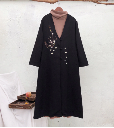 Casual Trench Coat Vintage Women Clothes 2019 New Autumn Open Stitch Full Sleeve V-neck Floral Embroidery Long Coat