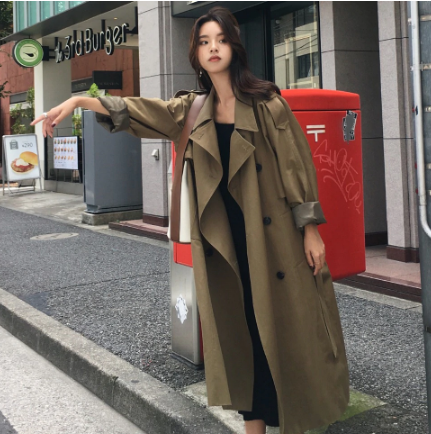 khaki Trench Coat Casual women's long Outerwear loose clothes for lady with belt spring autumn fashion high quality army green